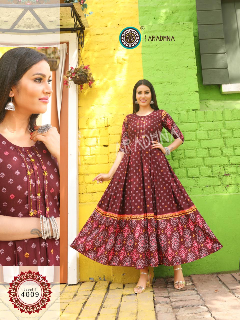Aradhana Level 4 Latest Fancy  Printed Style Long Casual Wear Anarakali  Flair Pure Cotton Designer Kurti  Collection 


